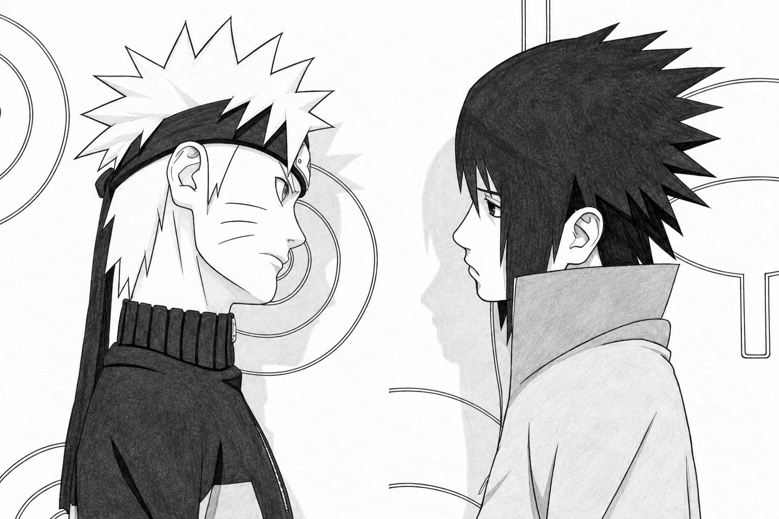 Desenho-base em preto e branco de Naruto e Sasuke frente a frente